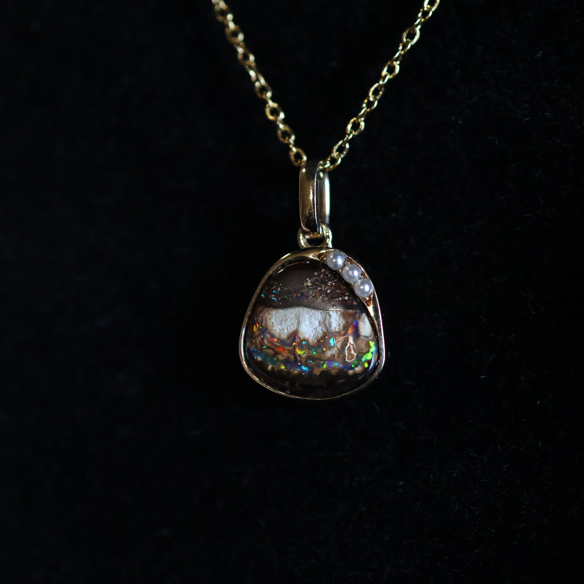 14k Gold Black-Brown Boulder Opal & Pearl Pendant