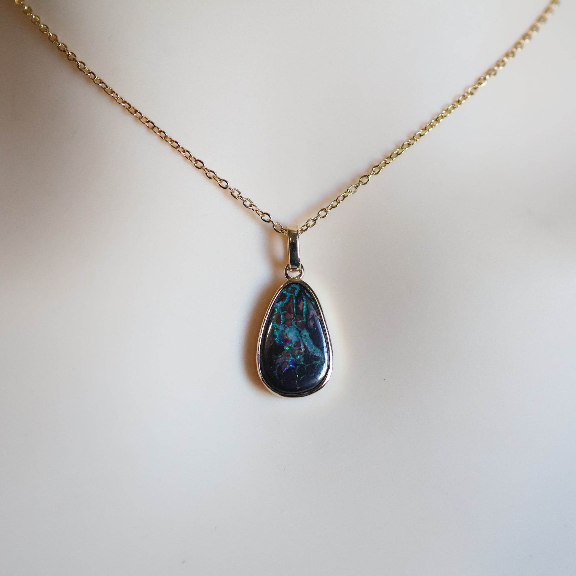 14k Gold Red Blue Boulder Opal Pendant, Vibrant Natural Opal Jewelry