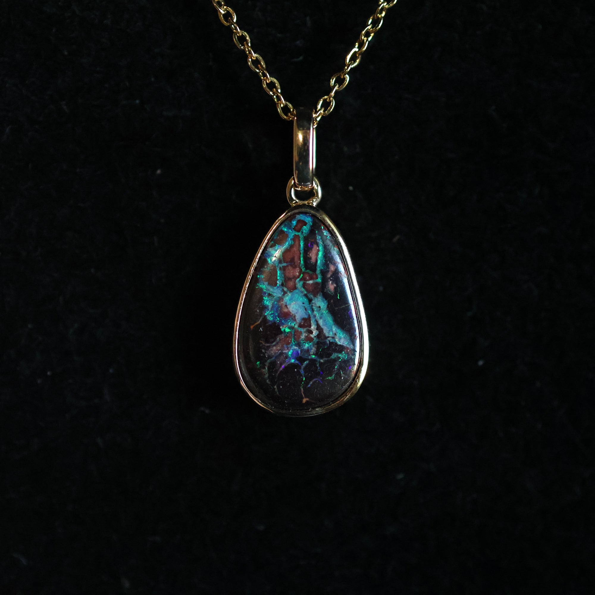 14k Gold Red Blue Boulder Opal Pendant, Vibrant Natural Opal Jewelry