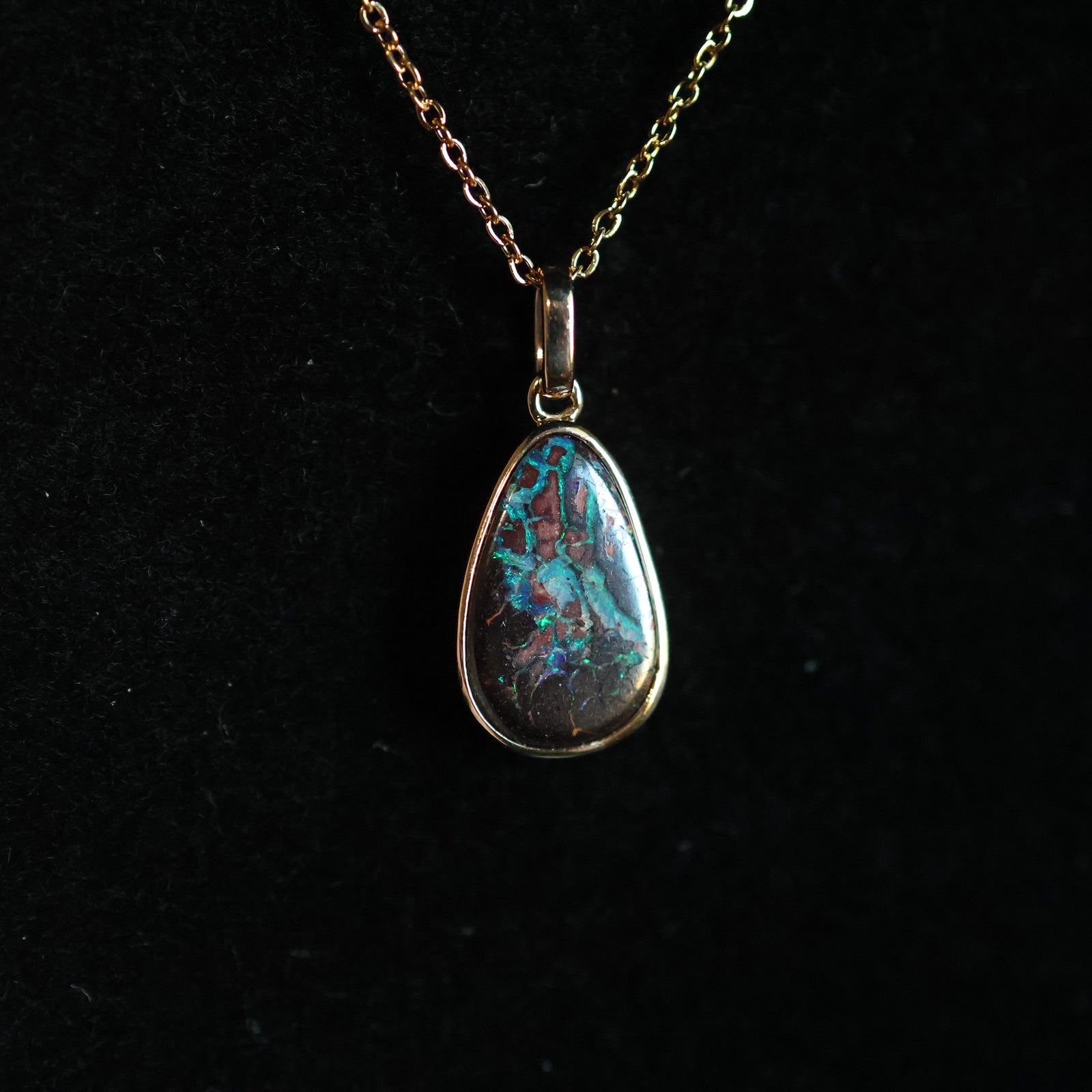 14k Gold Red Blue Boulder Opal Pendant, Vibrant Natural Opal Jewelry