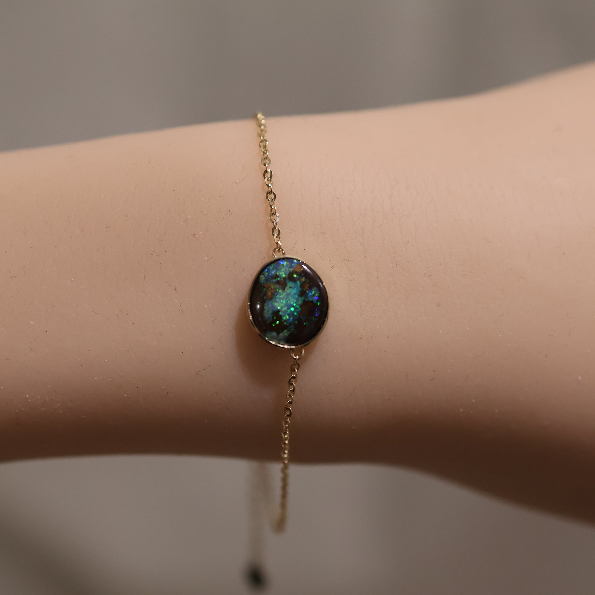 14k gold green black boulder opal bracelet