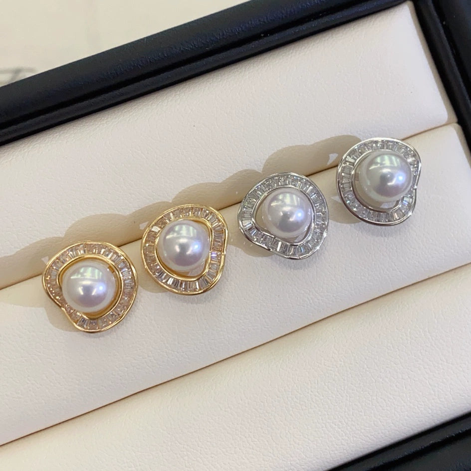 S925 Sterling Silver Irregular Pearl Earrings with Zircon Inlay