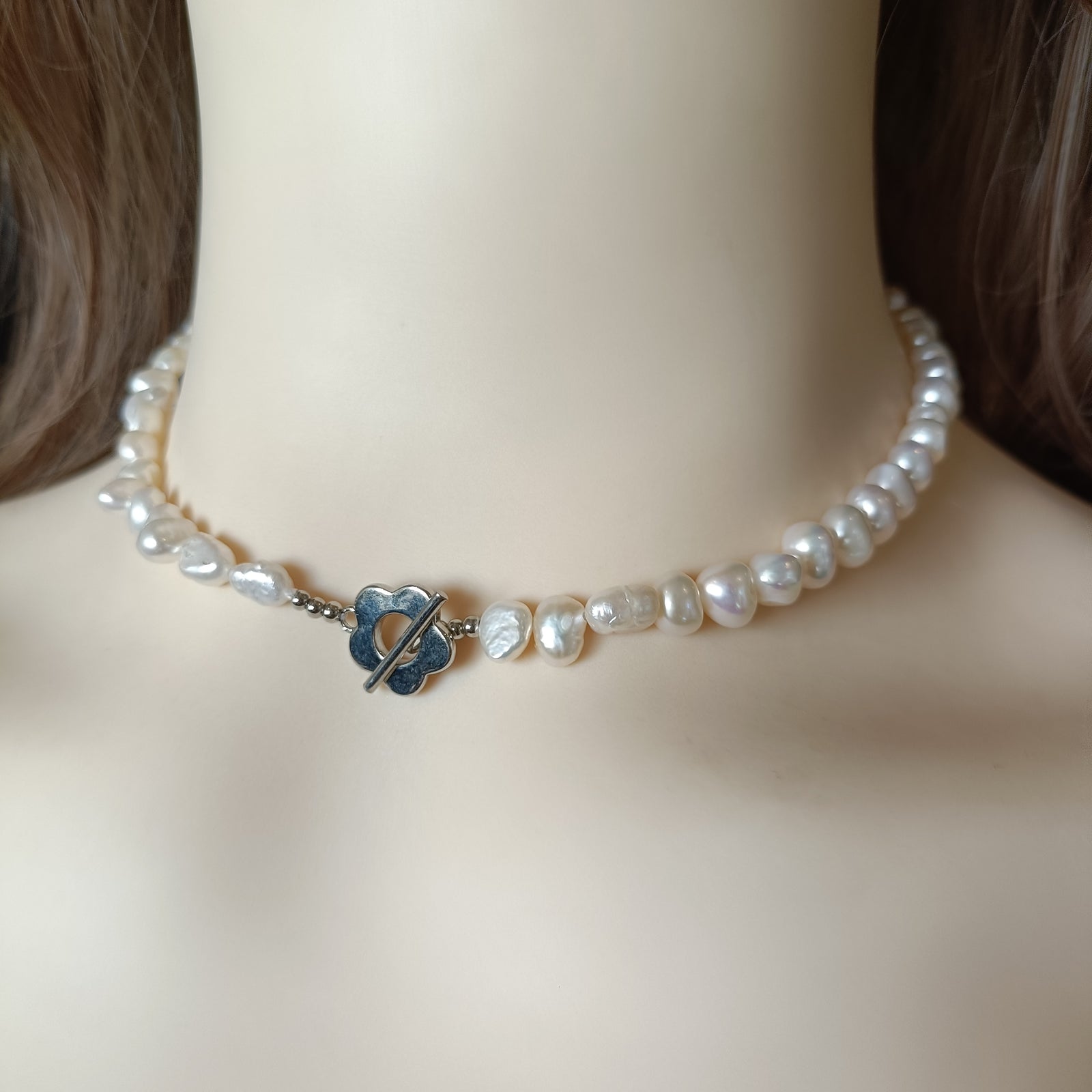 White Freshwater Pearl Necklace with Flower Clasp, Dainty Elegant Jewelry