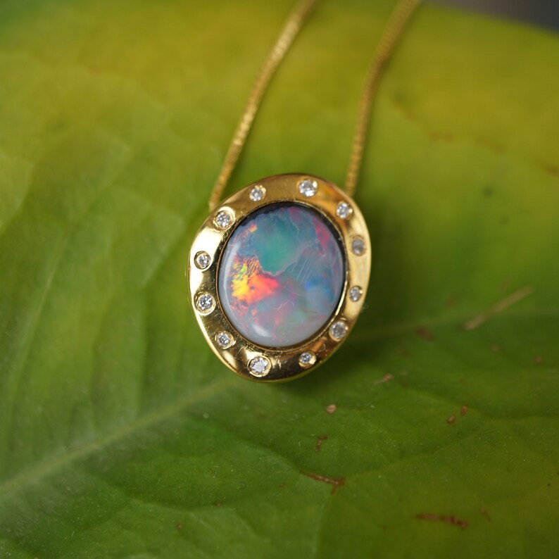 14K Gold Vintage Style Black Opal Necklace
