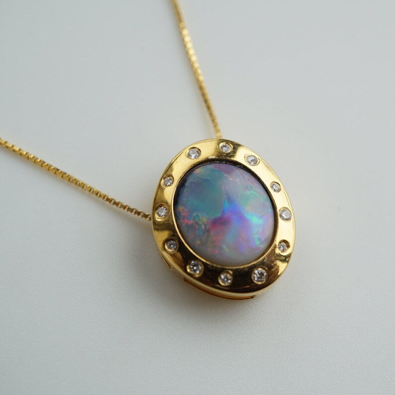 14K Gold Vintage Style Black Opal Necklace