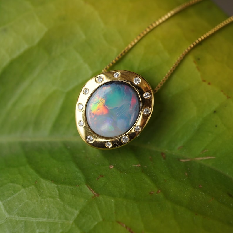 14K Gold Vintage Style Black Opal Necklace