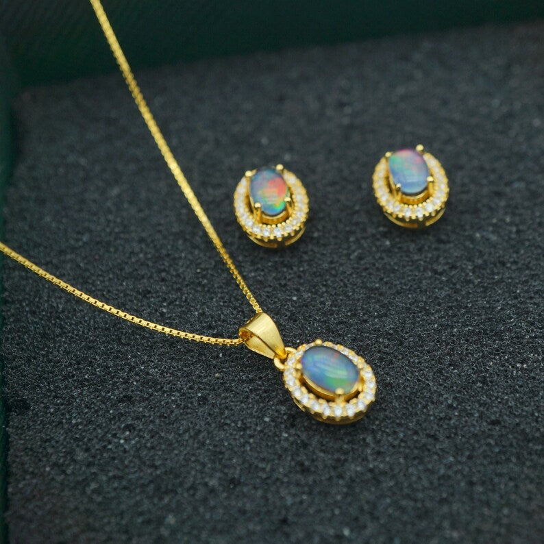 Halo Style Australian Opal Triplet Set: Necklace & Earrings