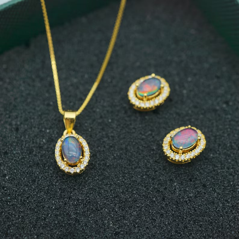 Halo Style Australian Opal Triplet Set: Necklace & Earrings
