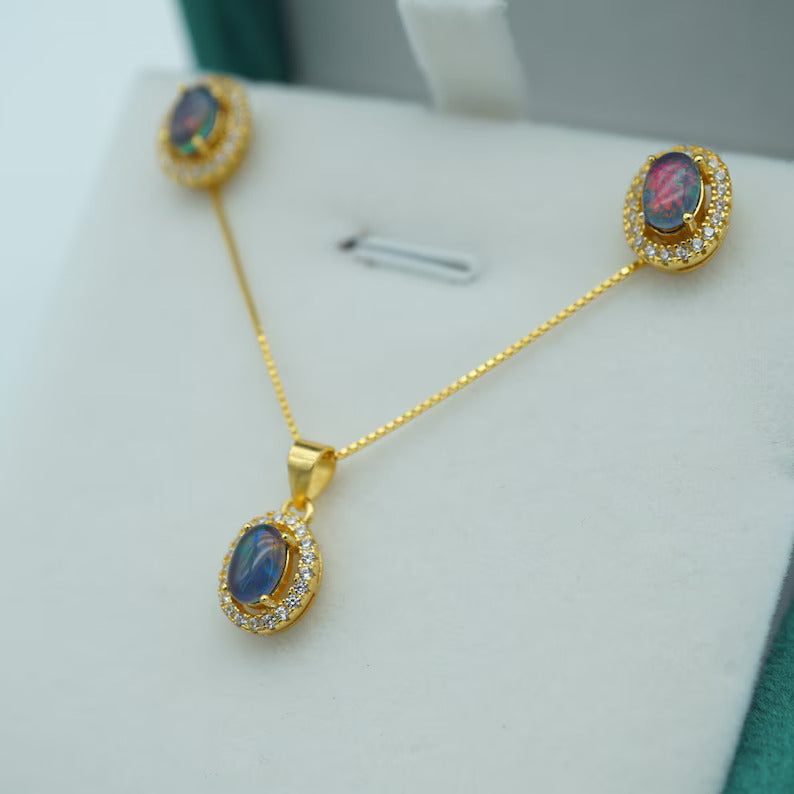 Halo Style Australian Opal Triplet Set: Necklace & Earrings