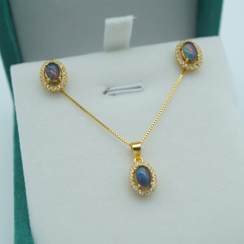 Halo Style Australian Opal Triplet Set: Necklace & Earrings