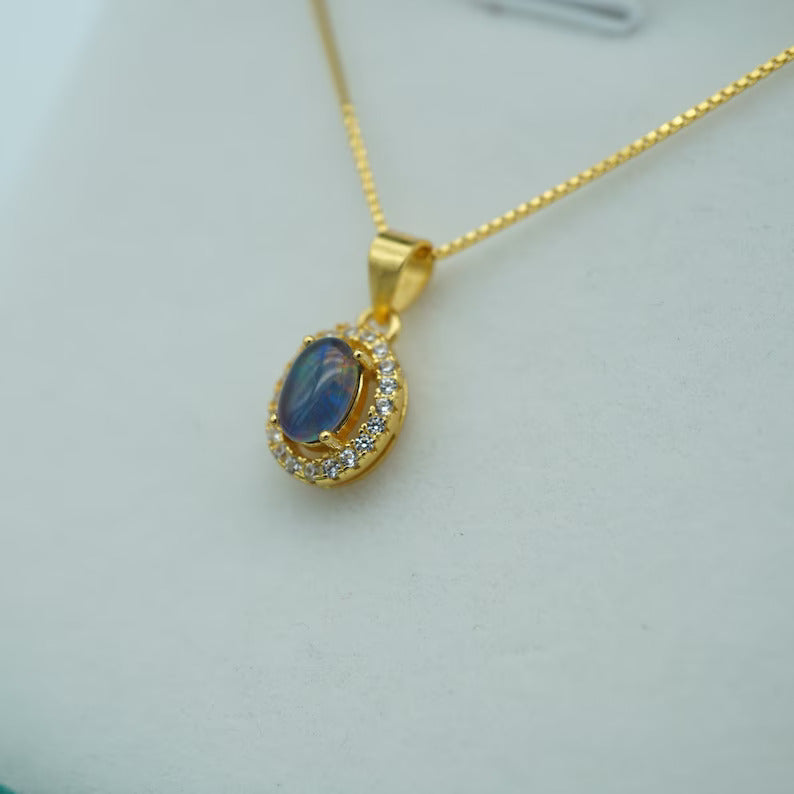Halo Style Australian Opal Triplet Set: Necklace & Earrings