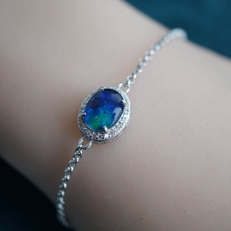 Sterling silver natural australian opal bracelet, opal bracelet, rainbown opal bracelet, 7x9mm-Vsabel Jewellery