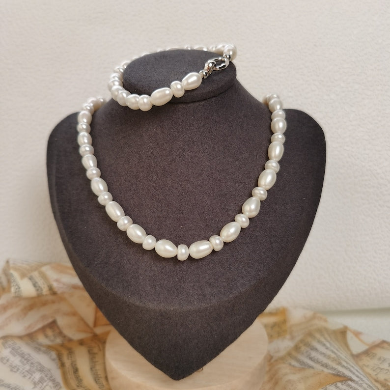 Rice Pearl Necklace & Bracelet Set-Vsabel Jewellery