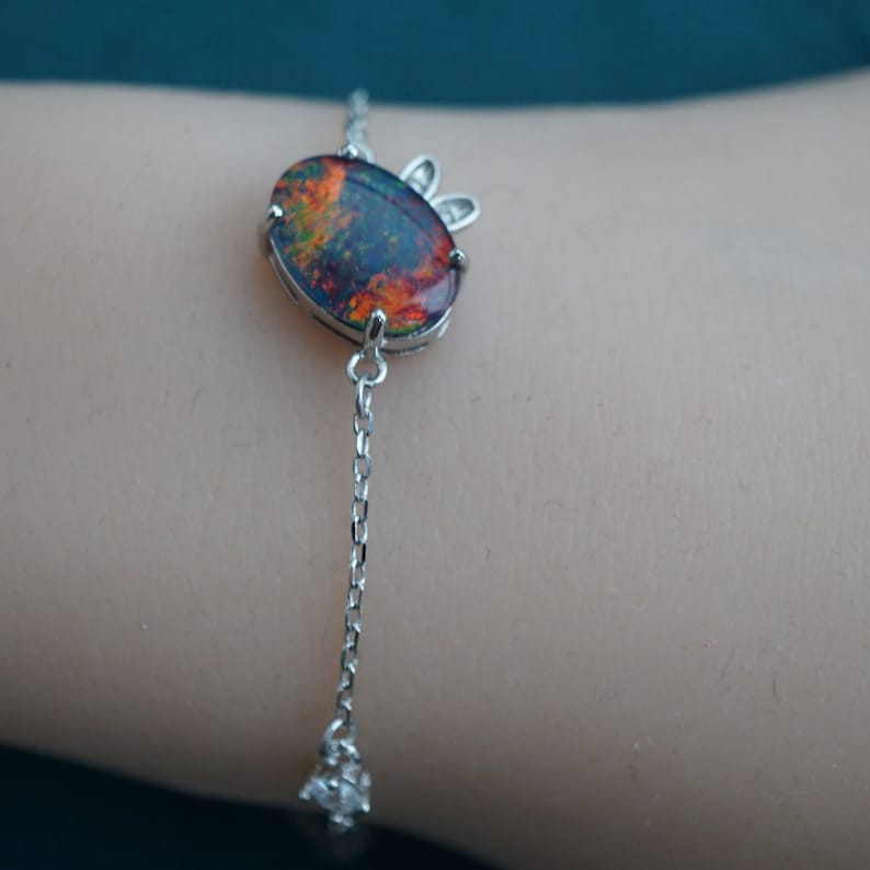 Dainty natural australian opal bracelet, opal bracelet, rainbown opal bracelet, 10x14mm-Vsabel Jewellery