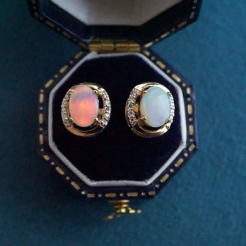 Genuine 18K Australian Opal Earring Studs with 5x7mm Size and Moissanite-Vsabel Jewellery