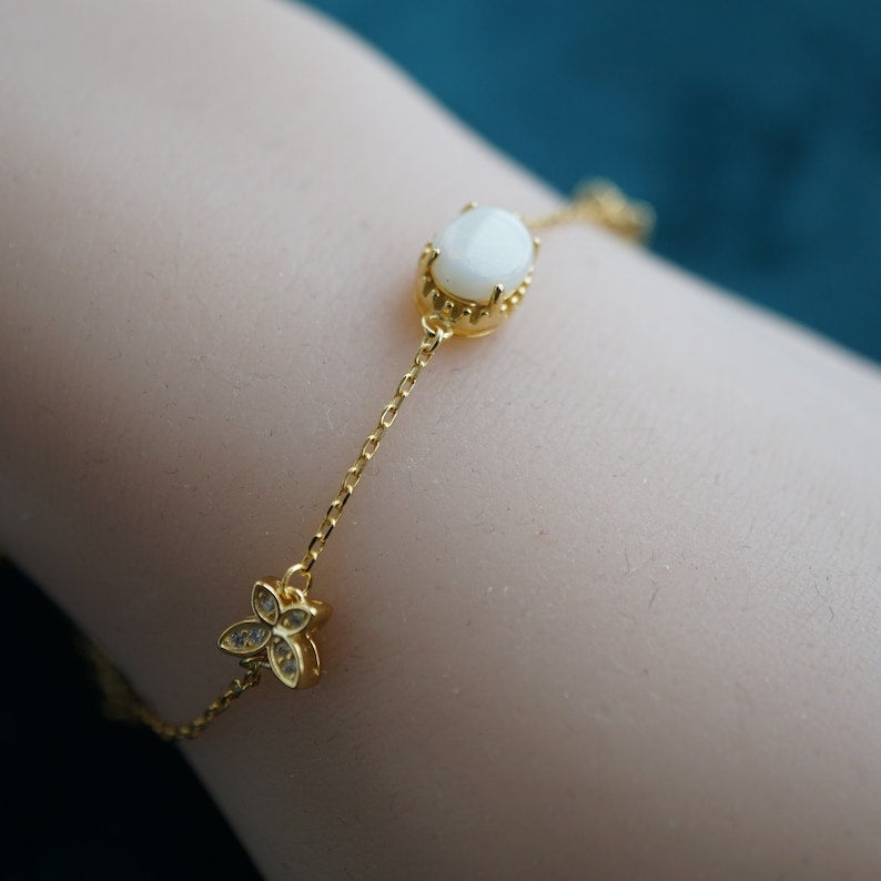Natural Australian solid white opal bracelet, 8x6mm bracelet, four leaf flower bracelet-Vsabel Jewellery