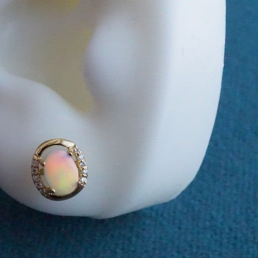 Genuine 18K Australian Opal Earring Studs with 5x7mm Size and Moissanite-Vsabel Jewellery