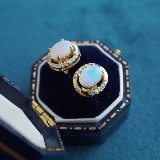 Genuine 18K Australian Opal Earring Studs with 5x7mm Size and Moissanite-Vsabel Jewellery