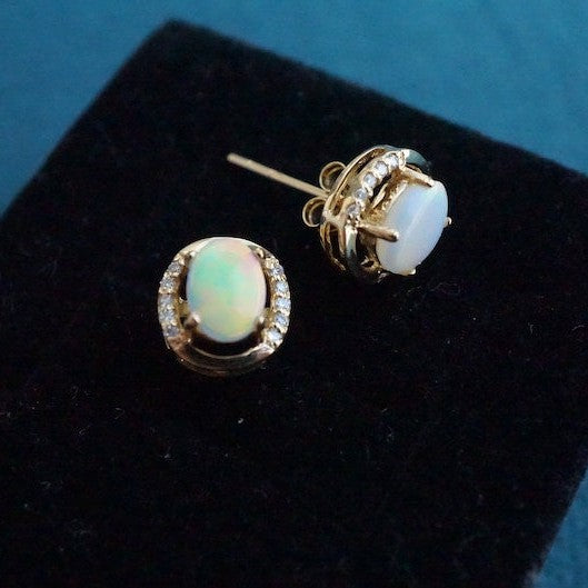 Genuine 18K Australian Opal Earring Studs with 5x7mm Size and Moissanite-Vsabel Jewellery