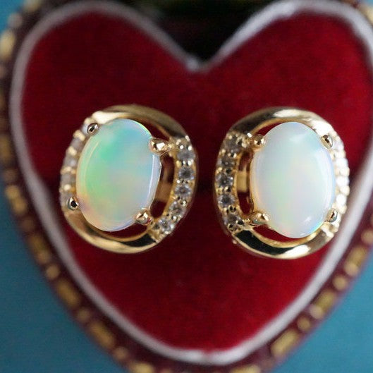 Genuine 18K Australian Opal Earring Studs with 5x7mm Size and Moissanite-Vsabel Jewellery