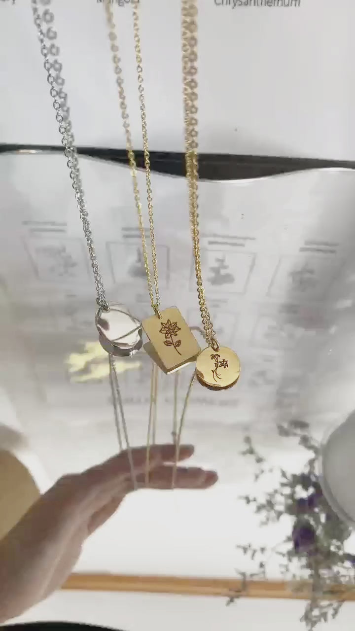 Customized oval tag necklace, engraved birth flower necklace