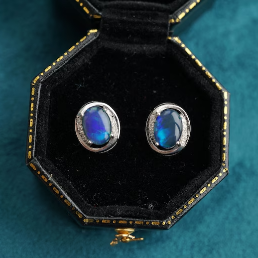 Natural Australian Oval Opal Earring Studs 6x8mm-Vsabel Jewellery