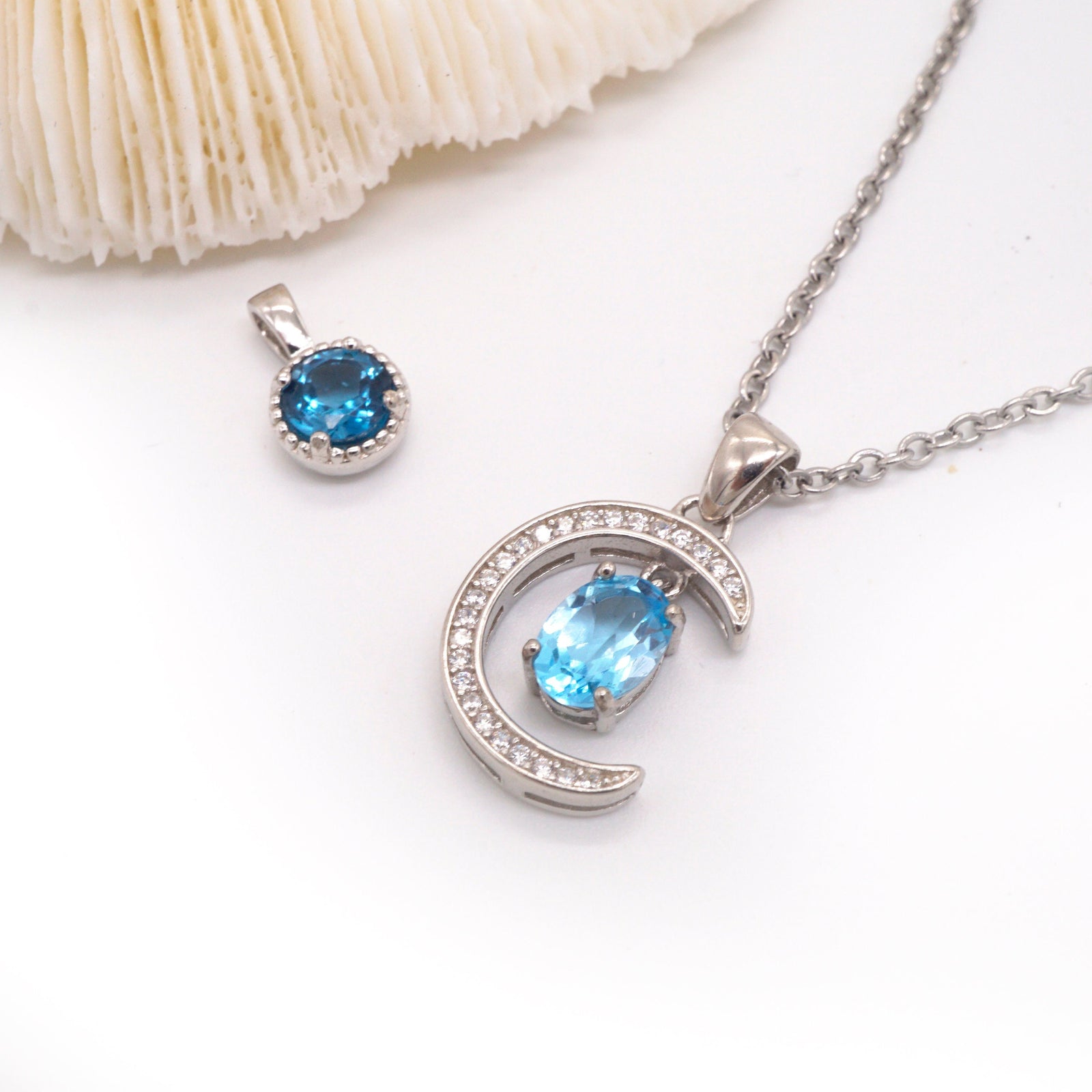 Blue Topaz Moon Necklace, Round and Crescent Pendant in 925 Silver