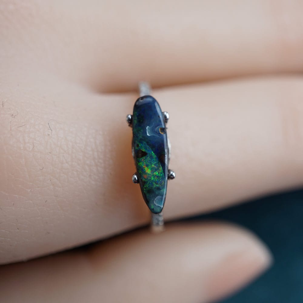 Dainty rainbow australian boulder opal ring in 925 silver-Vsabel Jewellery