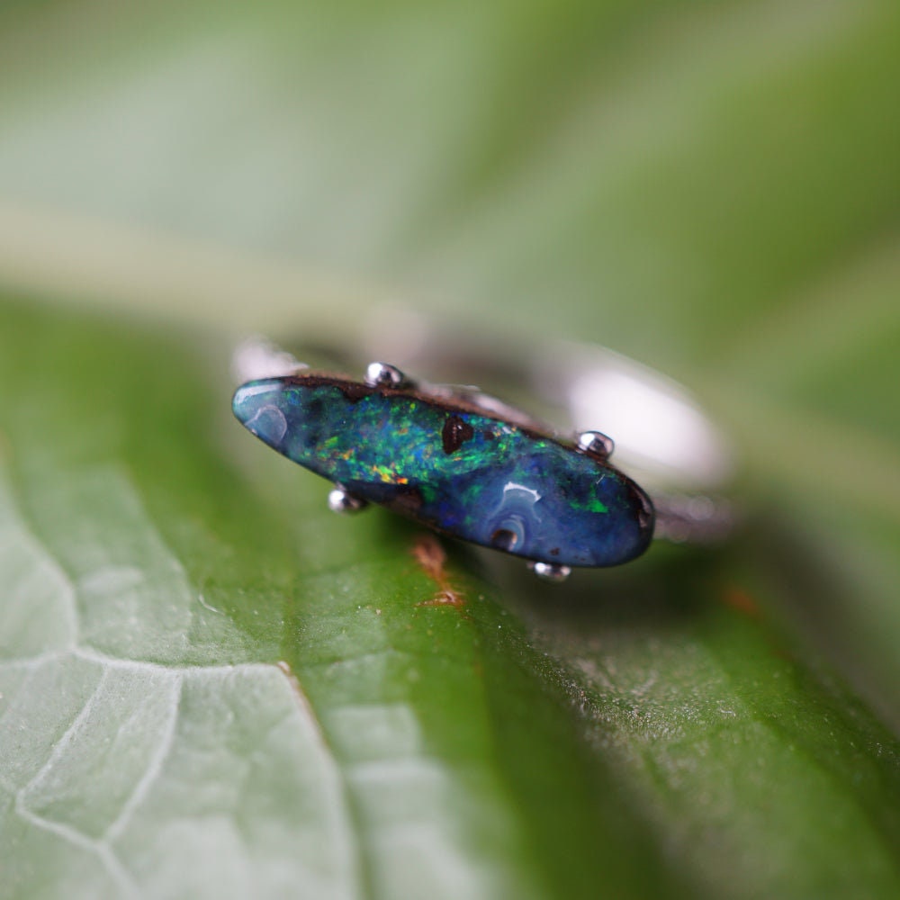 Dainty rainbow australian boulder opal ring in 925 silver-Vsabel Jewellery