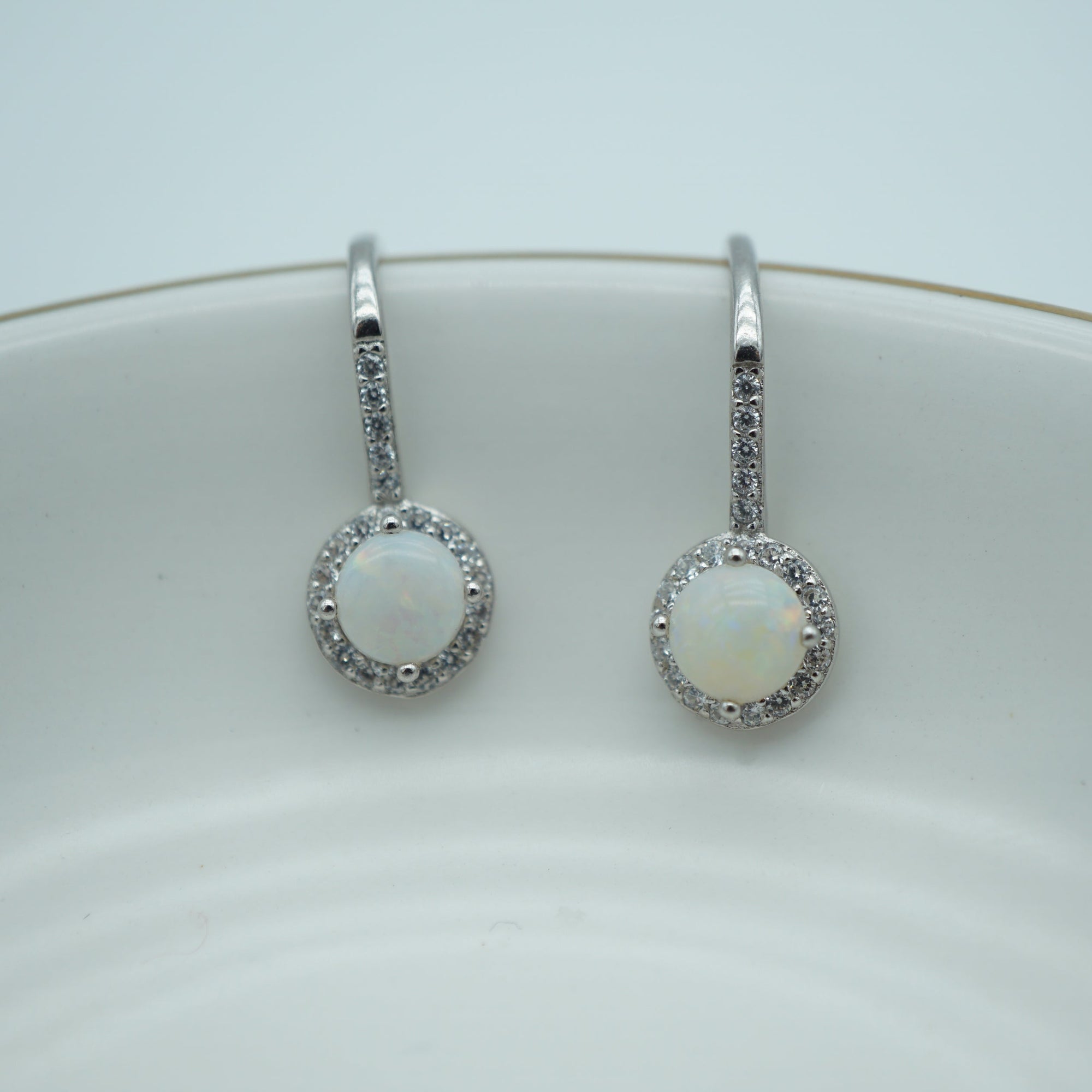 Dangle Halo White Opal Earrings - October Birthstone Beauty