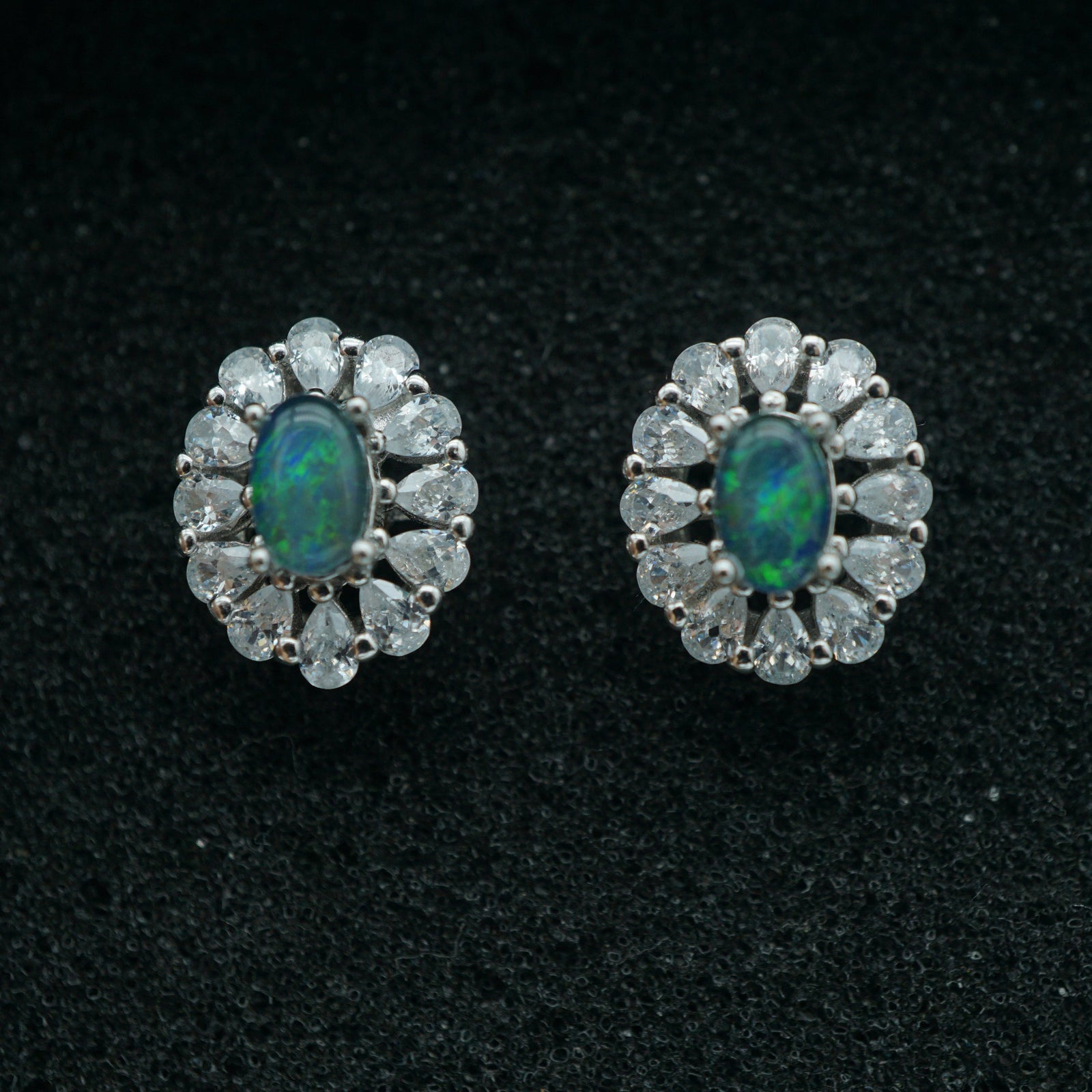 Silver Vintage style opal earring studs, halo opal earrings, dainty opal studs, bridal opal studs, australian opal earrings-Vsabel Jewellery