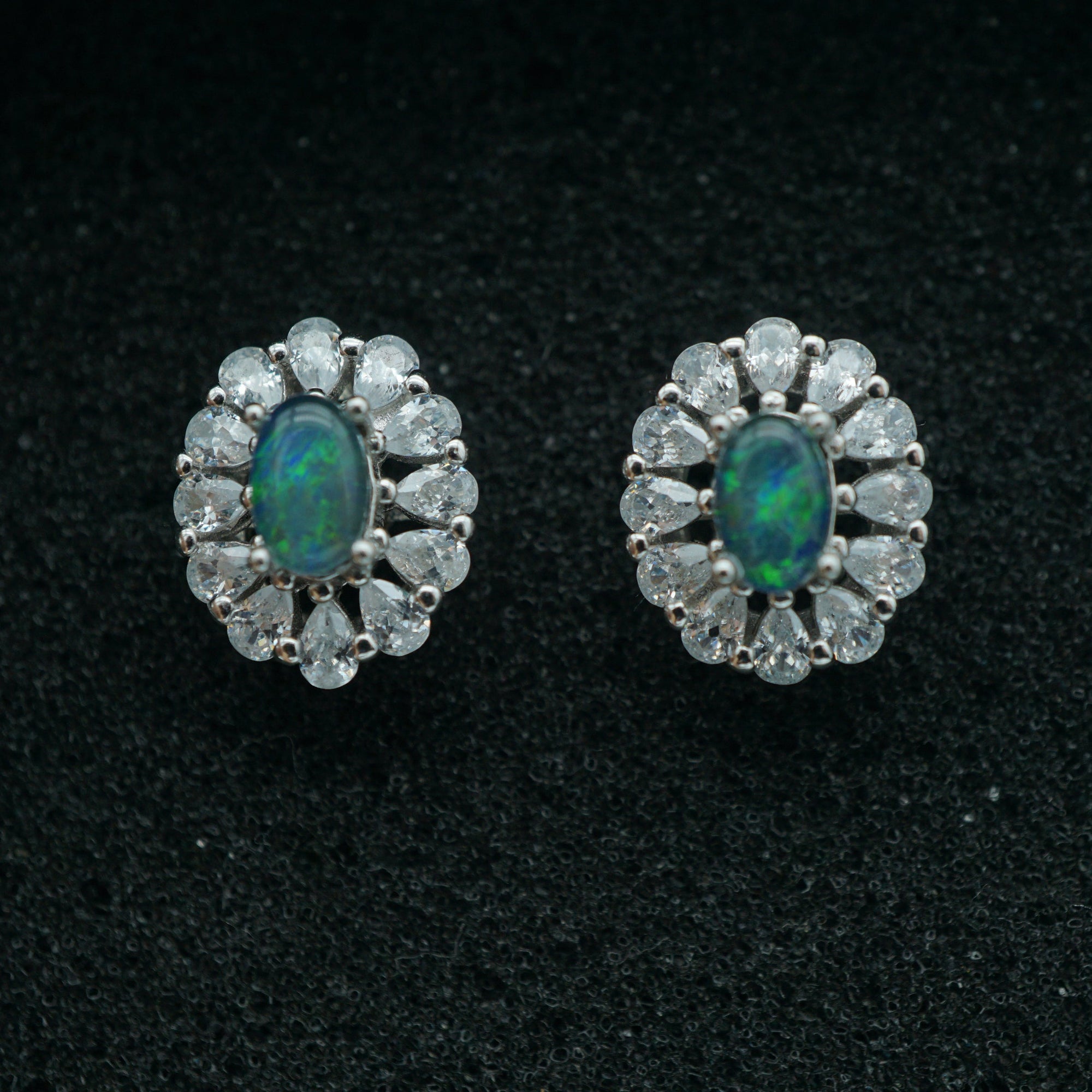 Silver Vintage style opal earring studs, halo opal earrings, dainty opal studs, bridal opal studs, australian opal earrings-Vsabel Jewellery