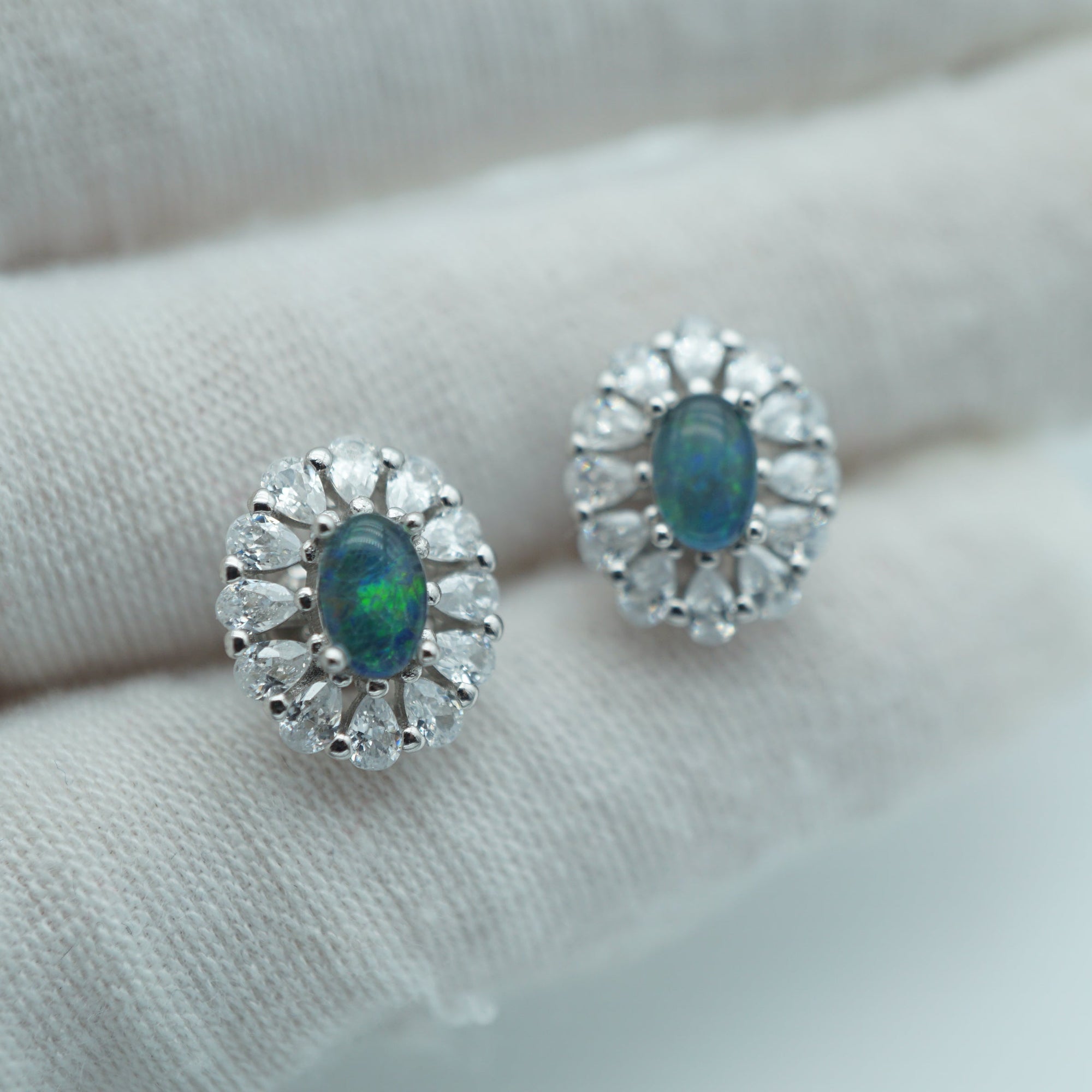 Silver Vintage style opal earring studs, halo opal earrings, dainty opal studs, bridal opal studs, australian opal earrings-Vsabel Jewellery