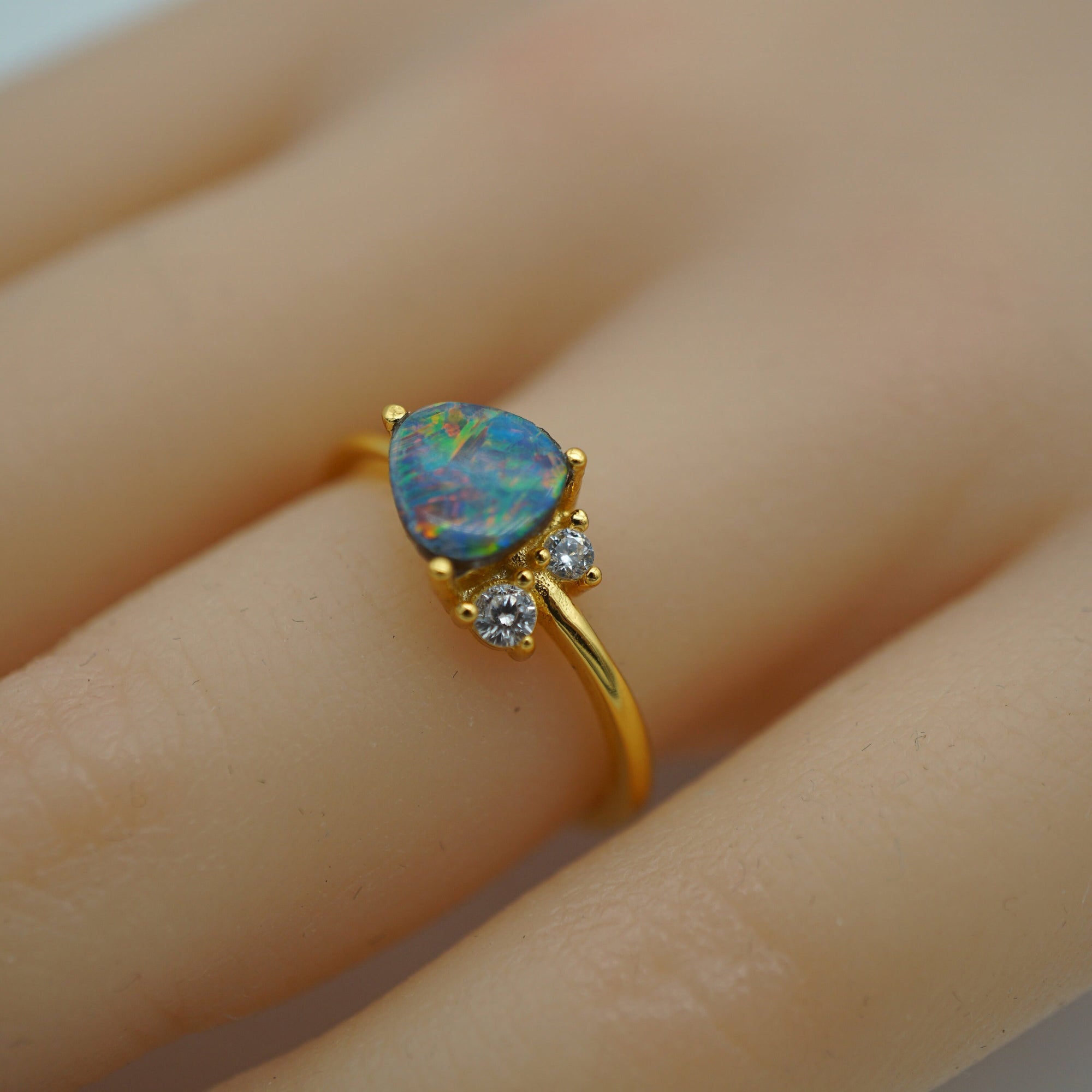Rainbow handmade australian boulder doublet opal ring 18k gold plated in 925 sterling silver, birthstone ring, australian opal ring-Vsabel Jewellery