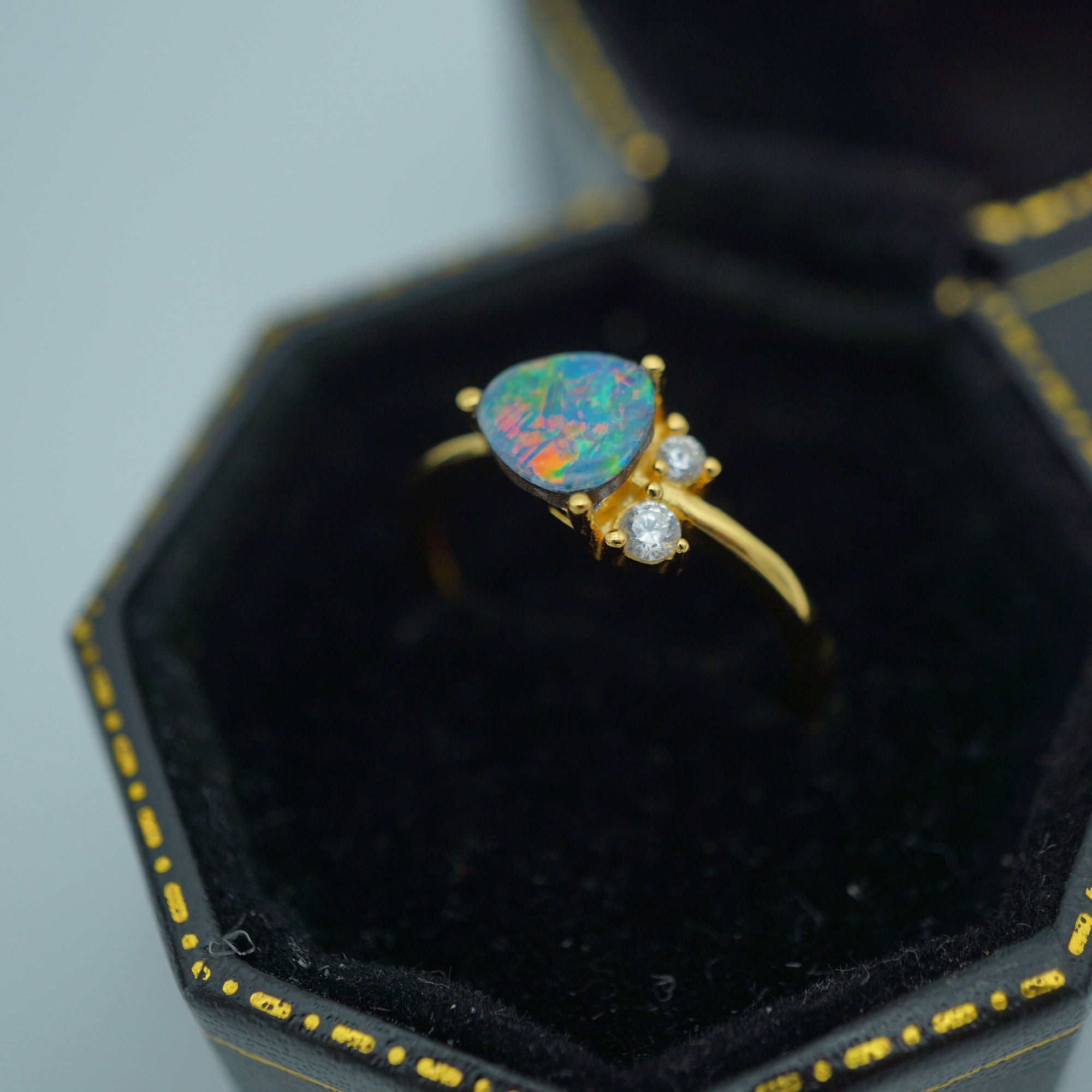 Rainbow handmade australian boulder doublet opal ring 18k gold plated in 925 sterling silver, birthstone ring, australian opal ring-Vsabel Jewellery
