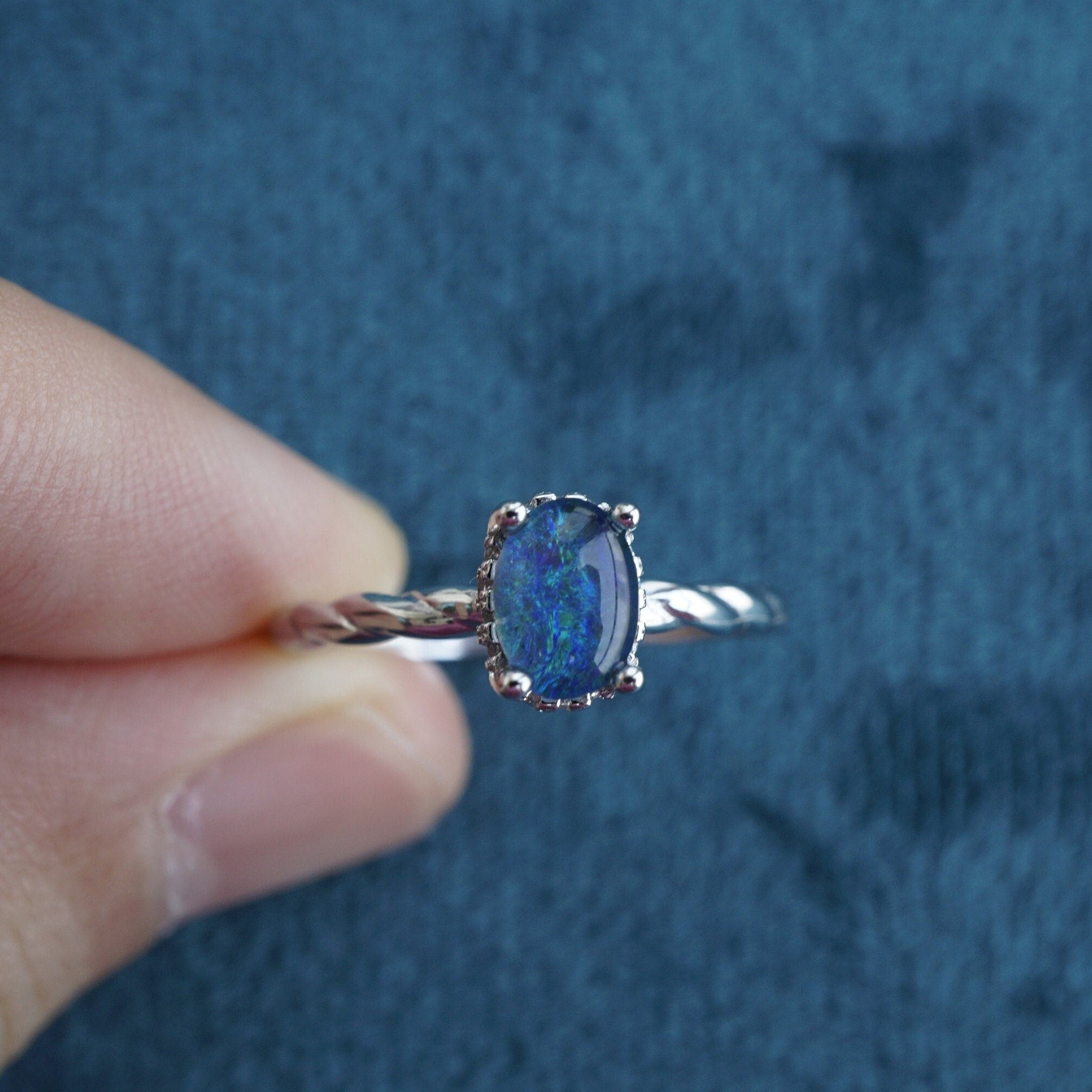 Simple silver opal ring | australian opal triplet ring | solitaire and minimalist style opal ring for your engagement-Vsabel Jewellery