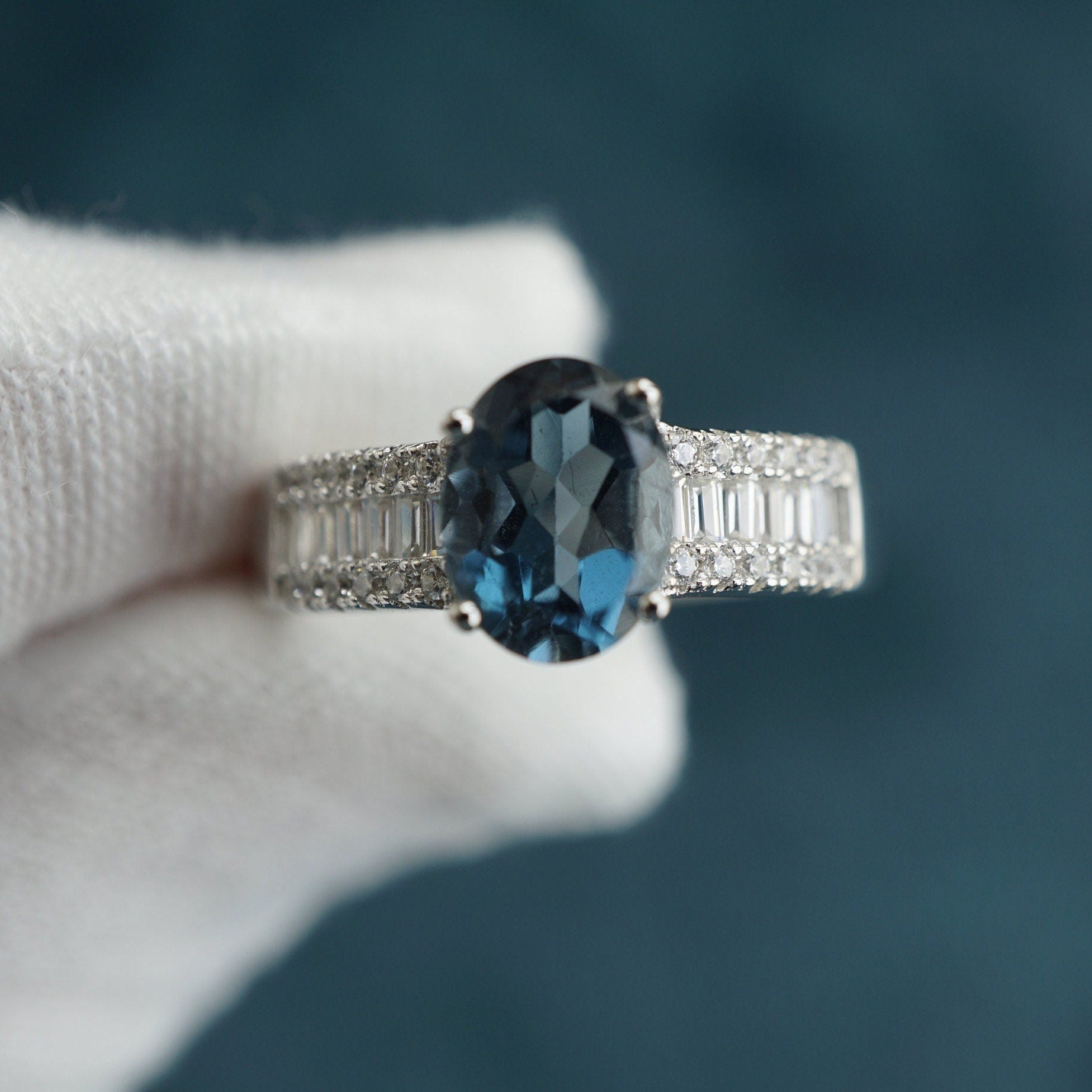 Natural Blue Topaz Ring with Cubic Zirconias