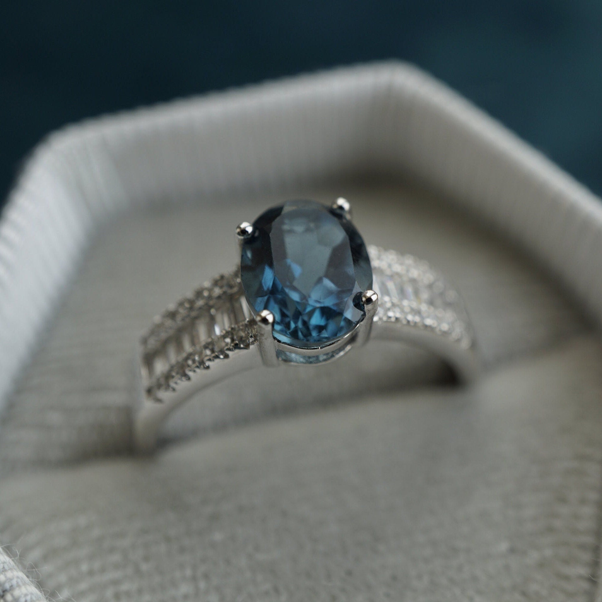 Natural Blue Topaz Ring with Cubic Zirconias