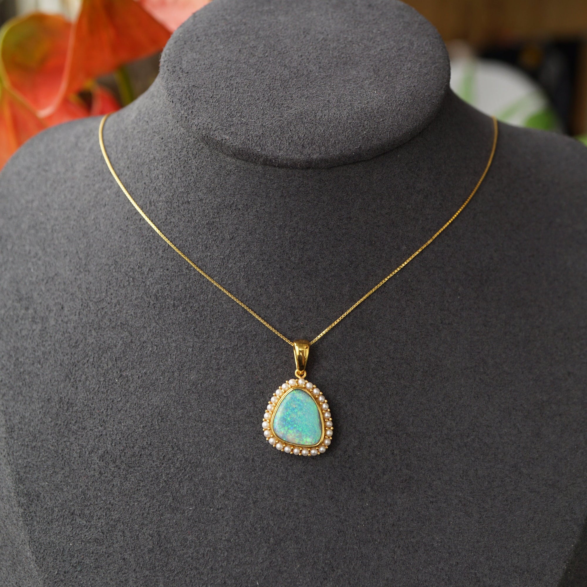 Antique Style Black Opal Necklace - 14k Gold & Freshwater Pearl-Vsabel Jewellery