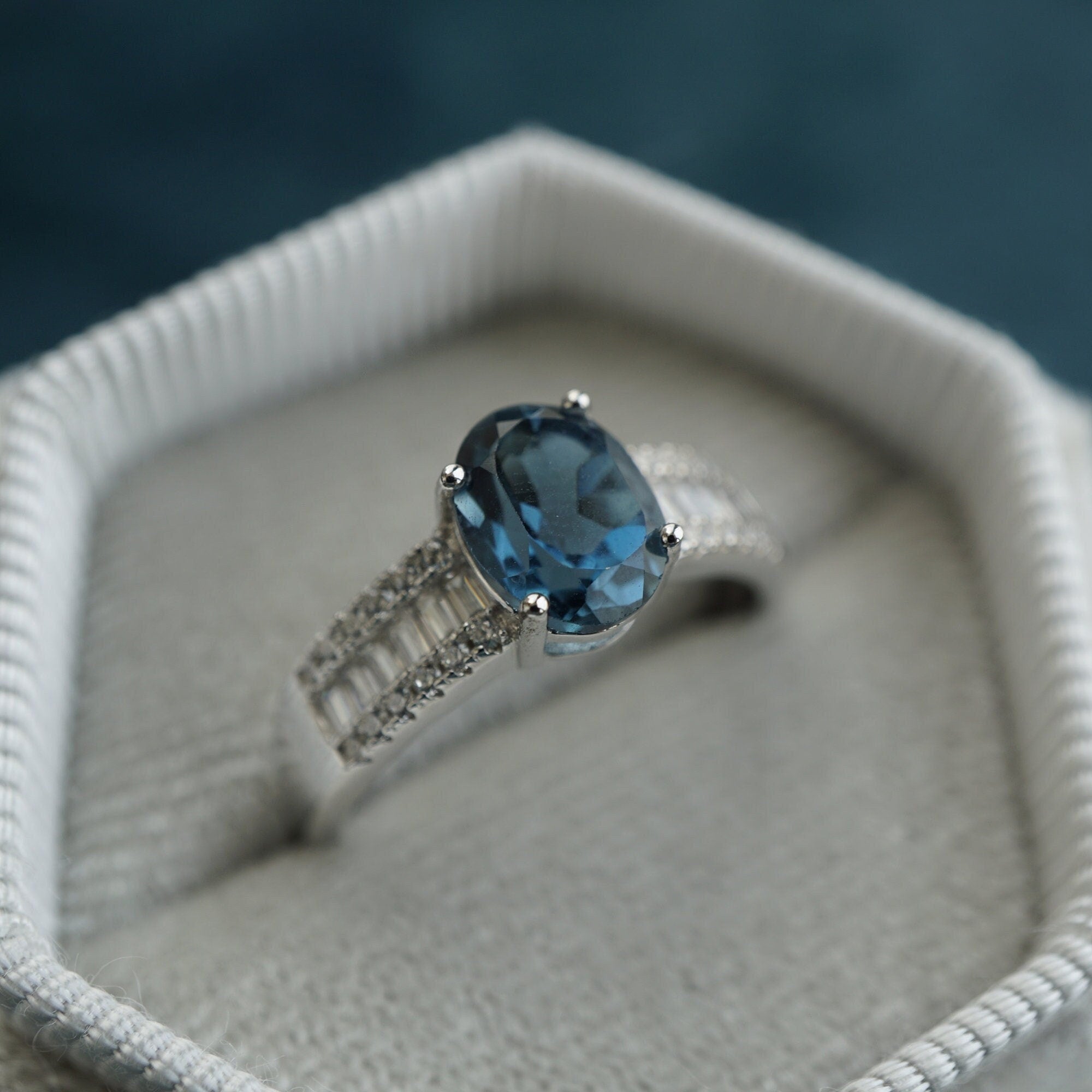 Natural Blue Topaz Ring with Cubic Zirconias
