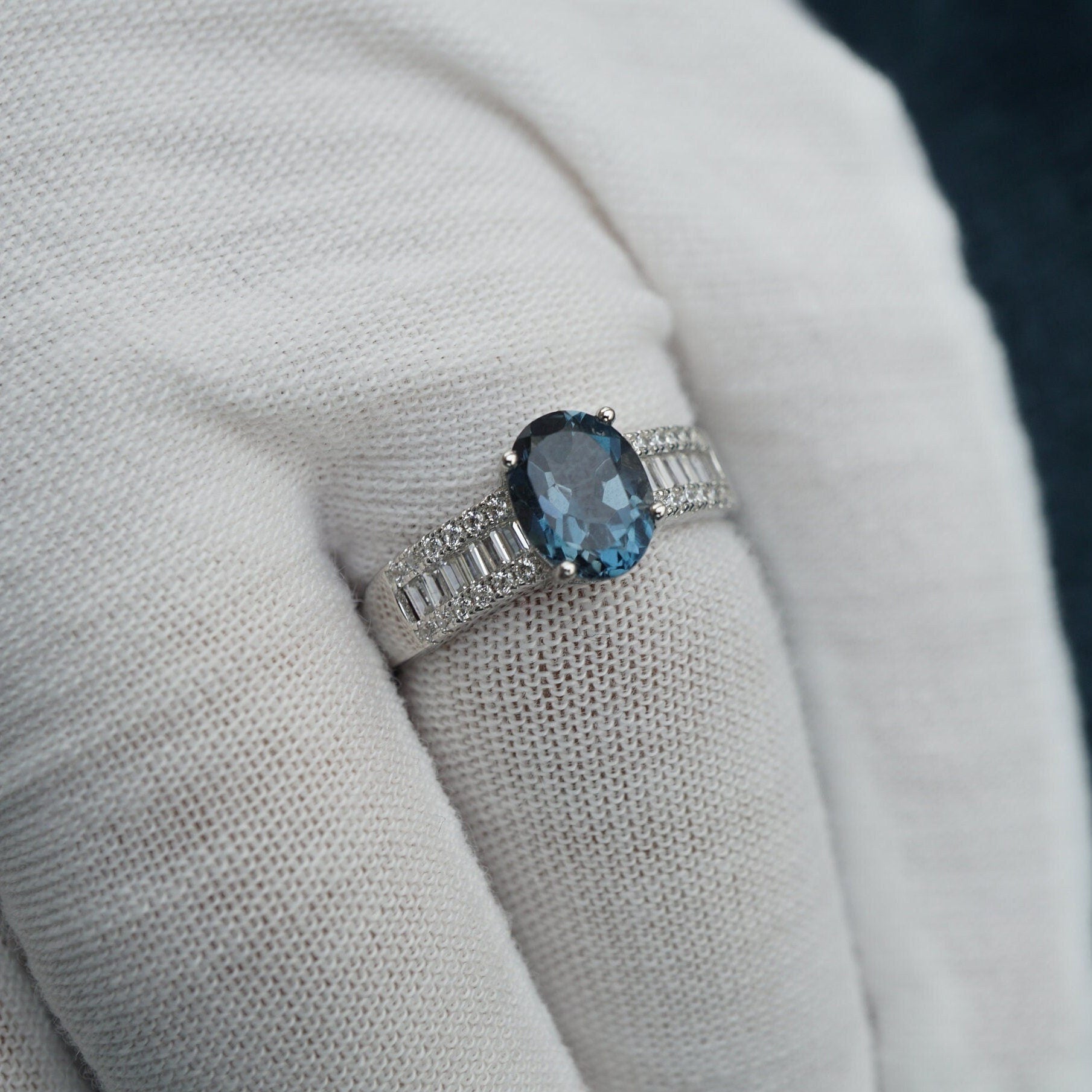 Natural Blue Topaz Ring with Cubic Zirconias