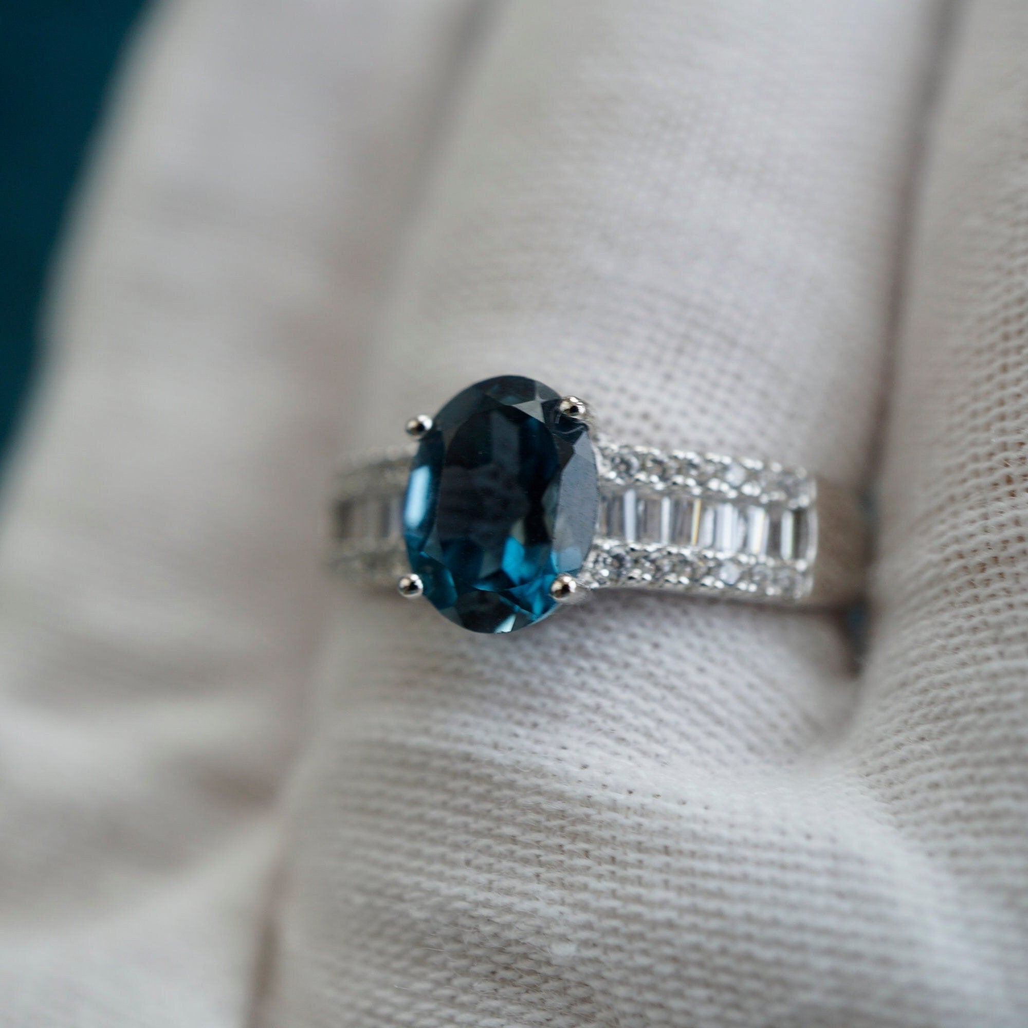 Natural Blue Topaz Ring with Cubic Zirconias