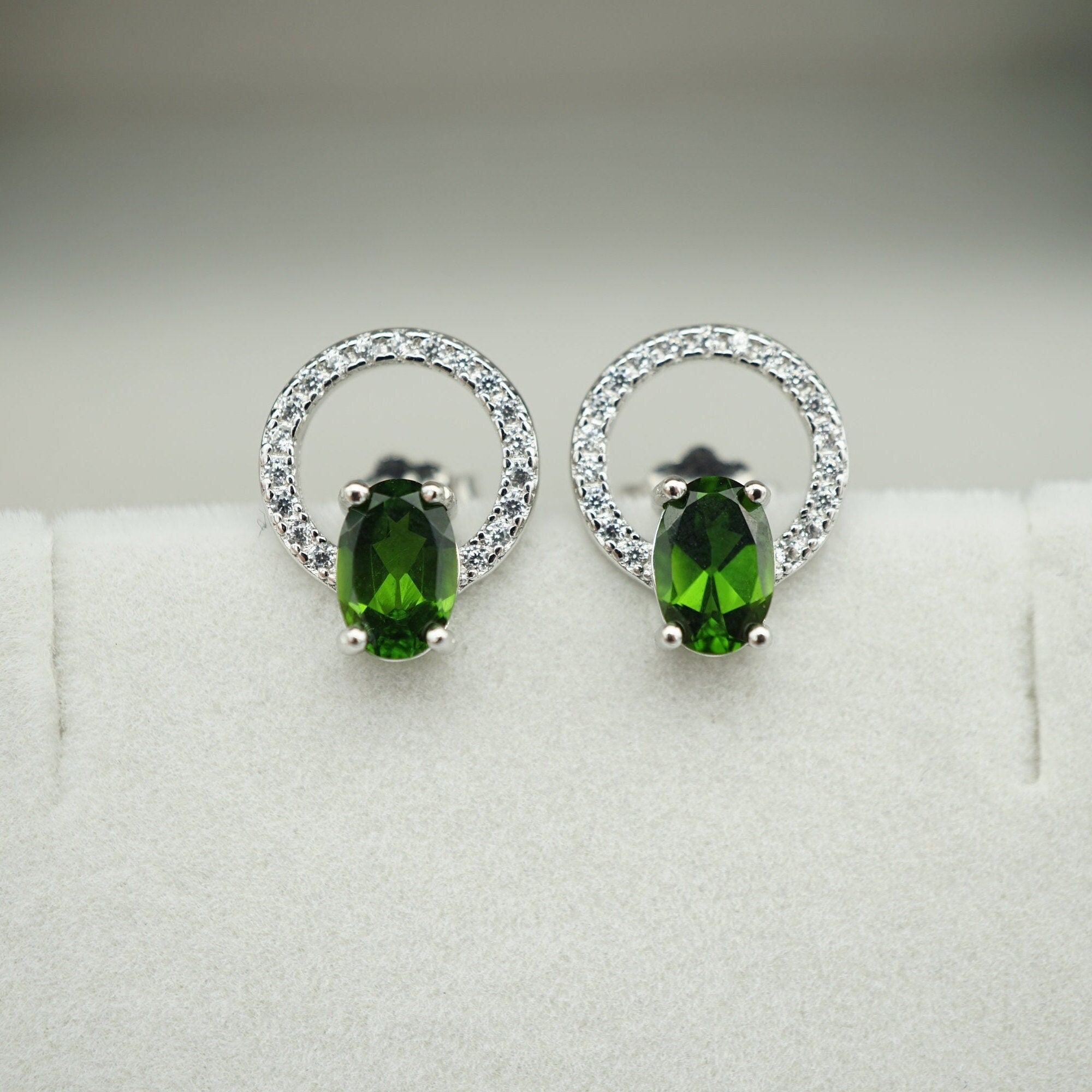 Chrome Diopside Earrings with Cubic Zirconias