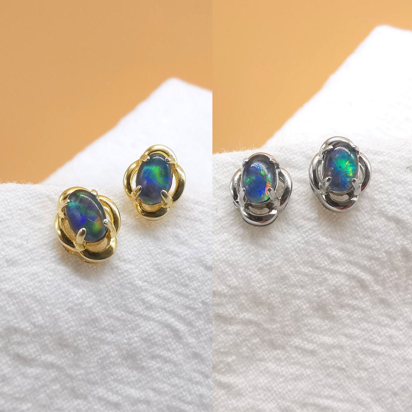 New triplet opal oval earrings, opal minimalist studs, gold earrings, dainty earrings, small stud earrings, stud earrings-Vsabel Jewellery