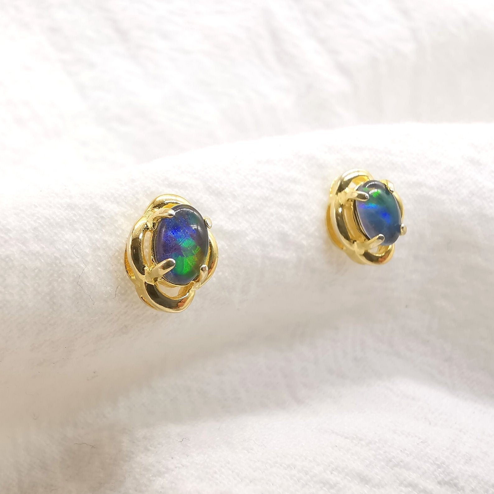 New triplet opal oval earrings, opal minimalist studs, gold earrings, dainty earrings, small stud earrings, stud earrings-Vsabel Jewellery