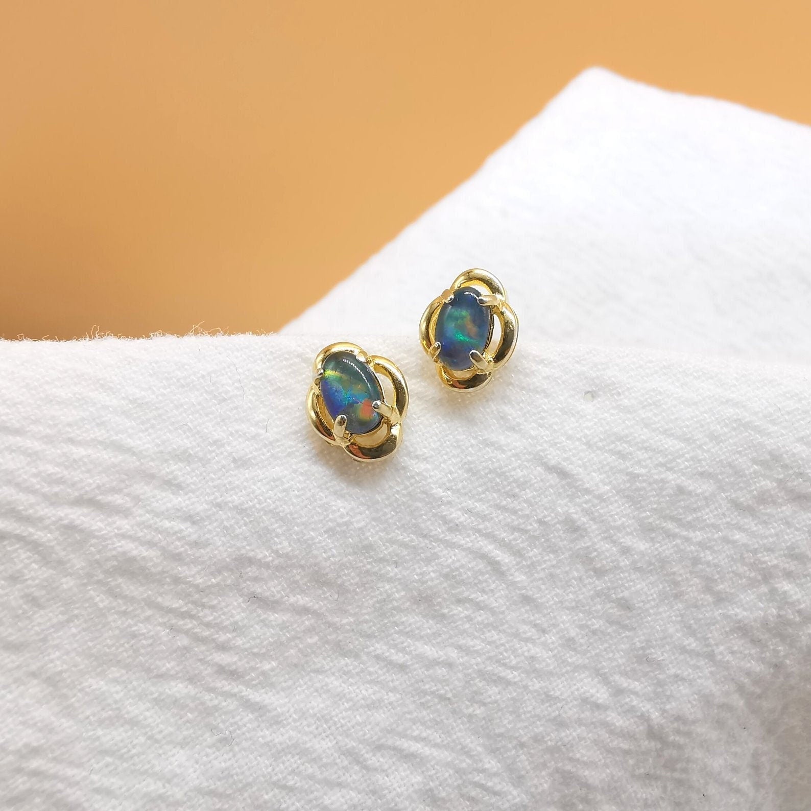 New triplet opal oval earrings, opal minimalist studs, gold earrings, dainty earrings, small stud earrings, stud earrings-Vsabel Jewellery
