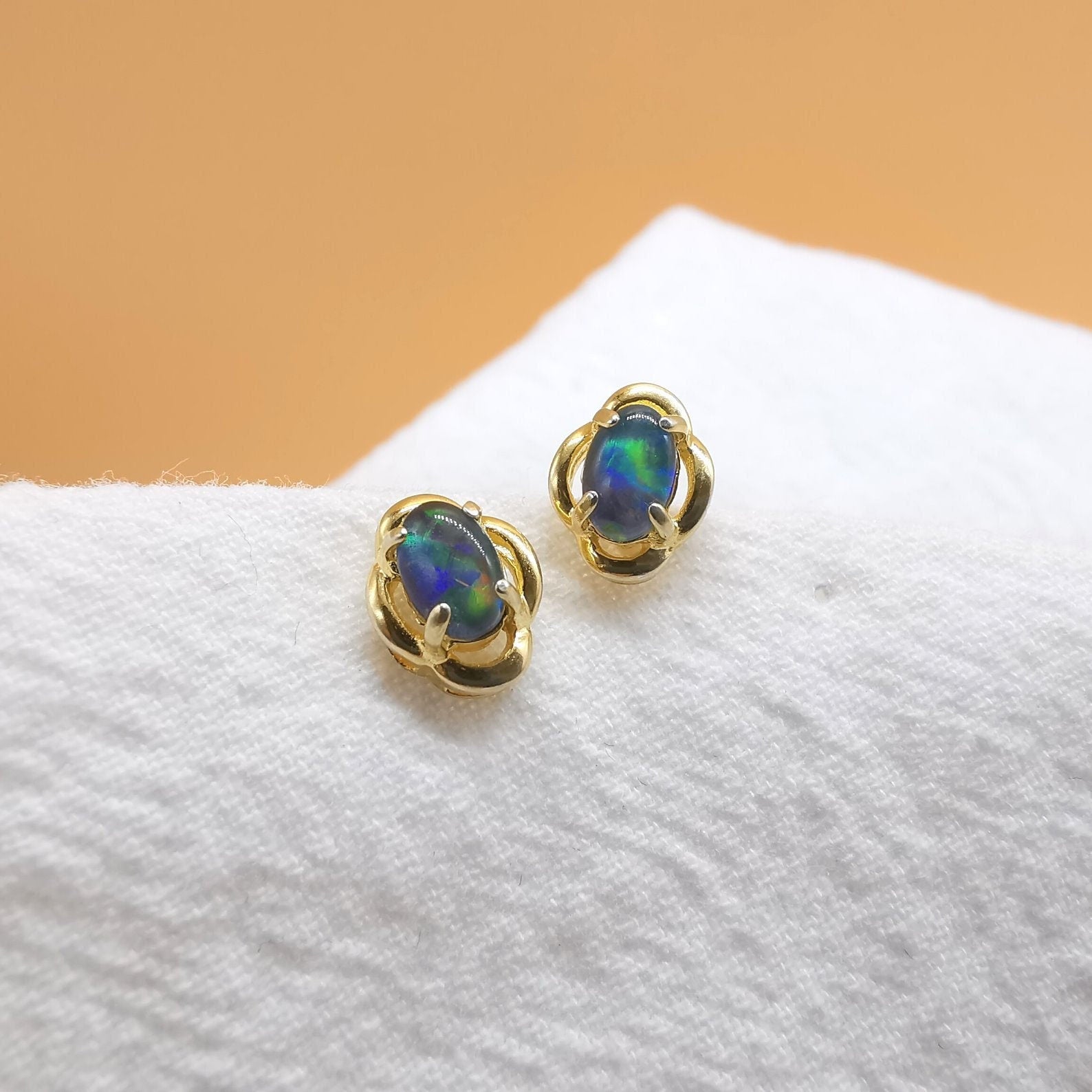 New triplet opal oval earrings, opal minimalist studs, gold earrings, dainty earrings, small stud earrings, stud earrings-Vsabel Jewellery