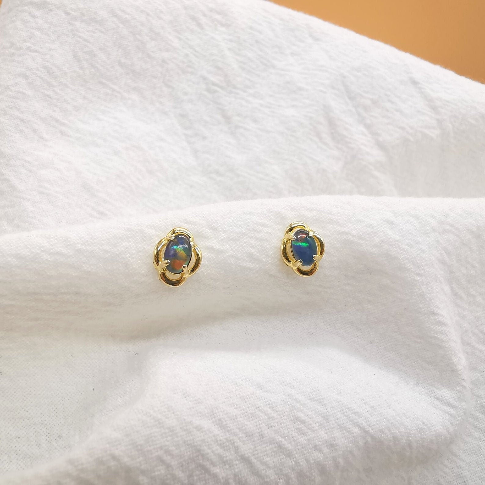New triplet opal oval earrings, opal minimalist studs, gold earrings, dainty earrings, small stud earrings, stud earrings-Vsabel Jewellery