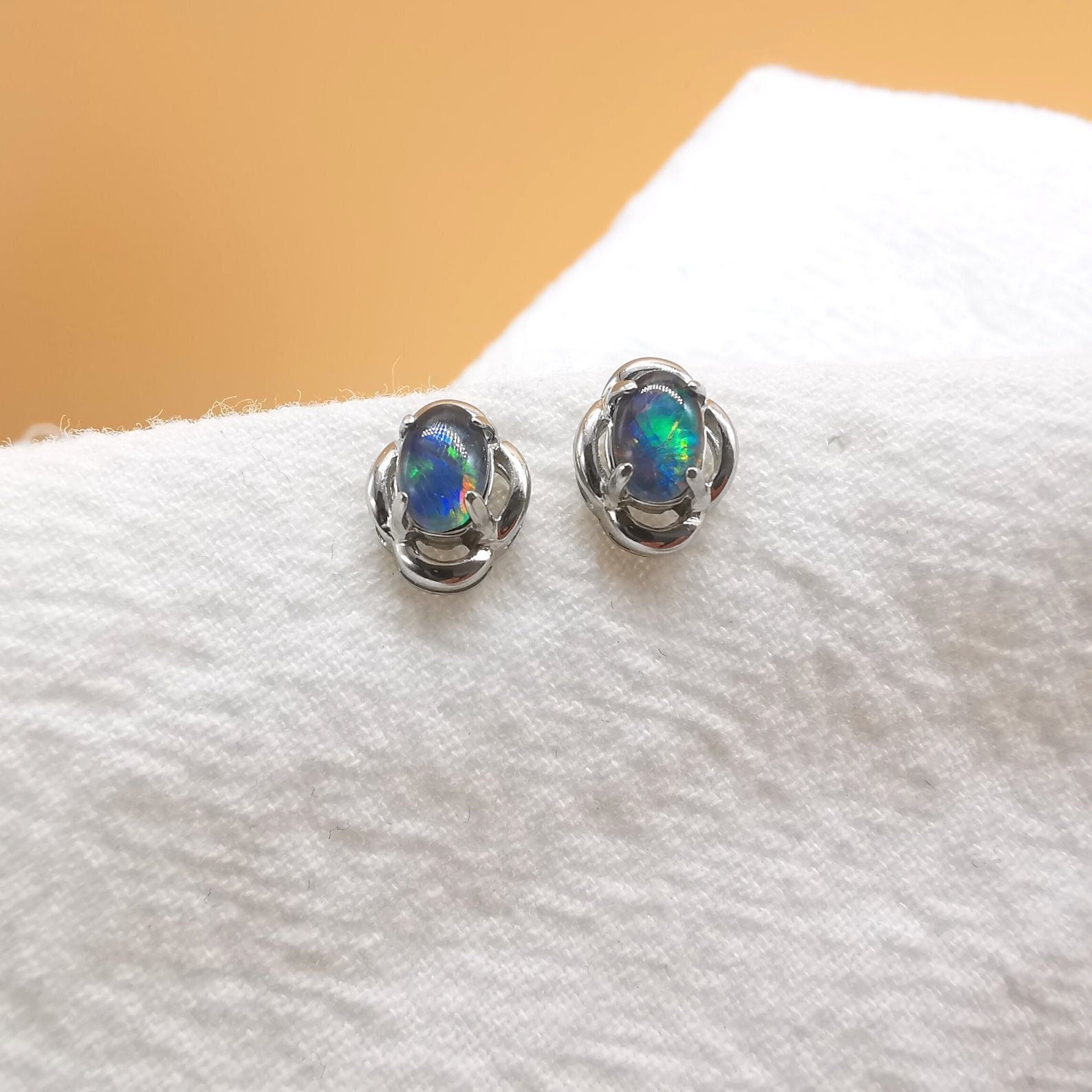 New triplet opal oval earrings, opal minimalist studs, gold earrings, dainty earrings, small stud earrings, stud earrings-Vsabel Jewellery