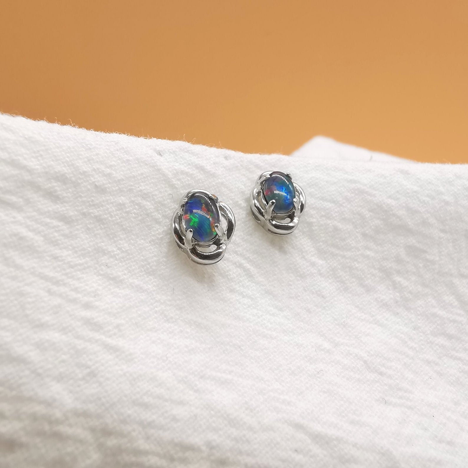 New triplet opal oval earrings, opal minimalist studs, gold earrings, dainty earrings, small stud earrings, stud earrings-Vsabel Jewellery